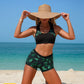 Blue Leaves Print High Waist Bikini Set