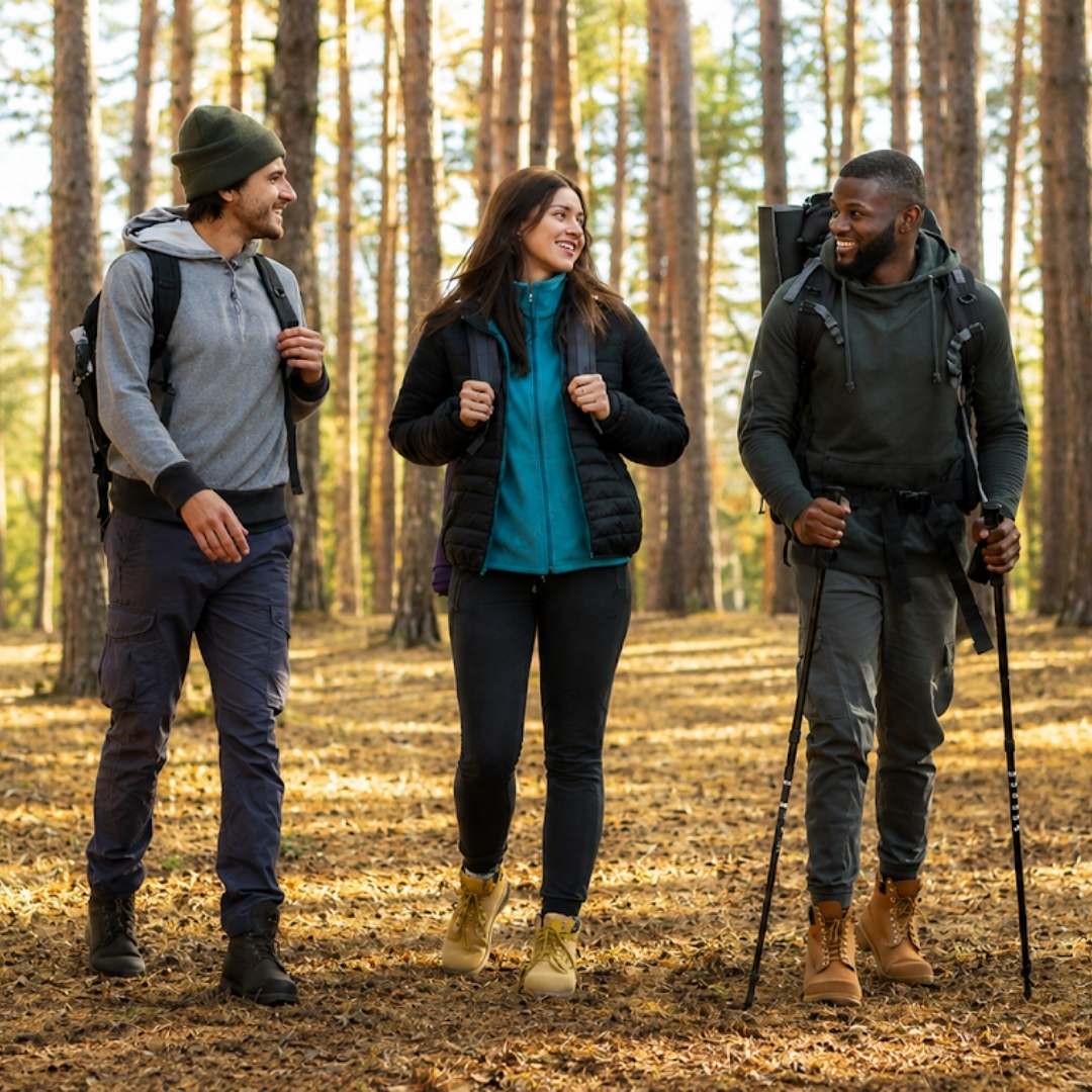 Three friends hiking through autumn forest with backpacks and gear
